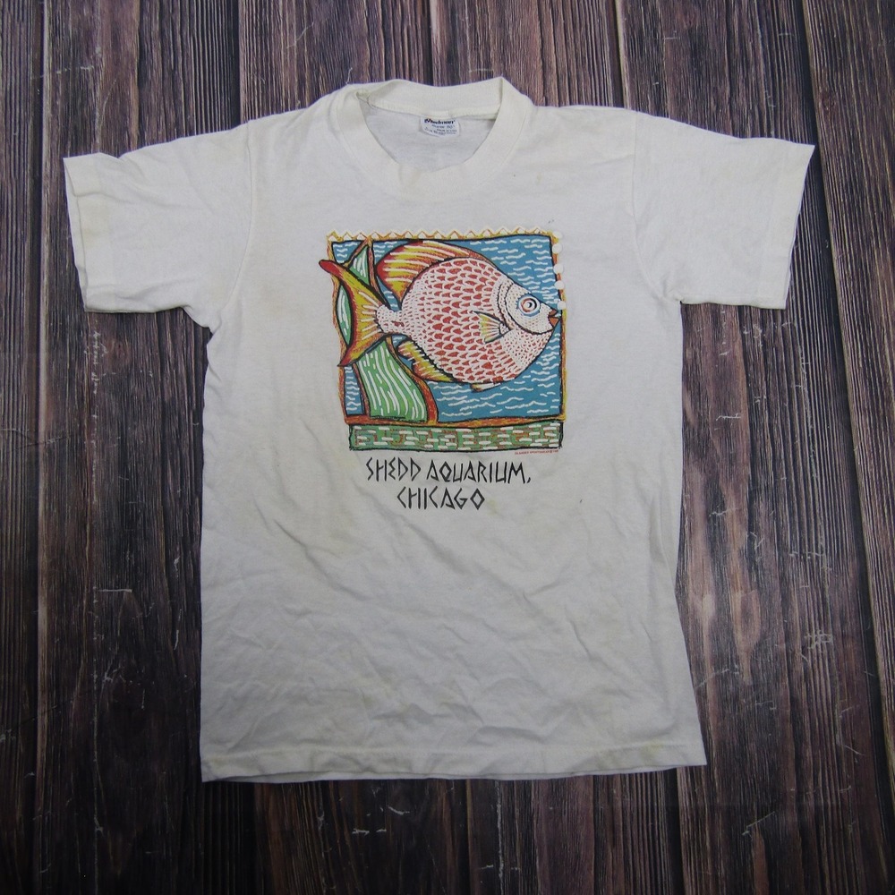 Vintage Stedman Shedd Aquarium Chicago Shirt Youth Large White Fish Graphic‎ 80s